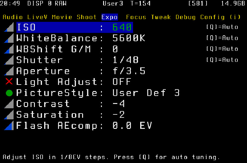 Exposure settings for the Magic Lantern software